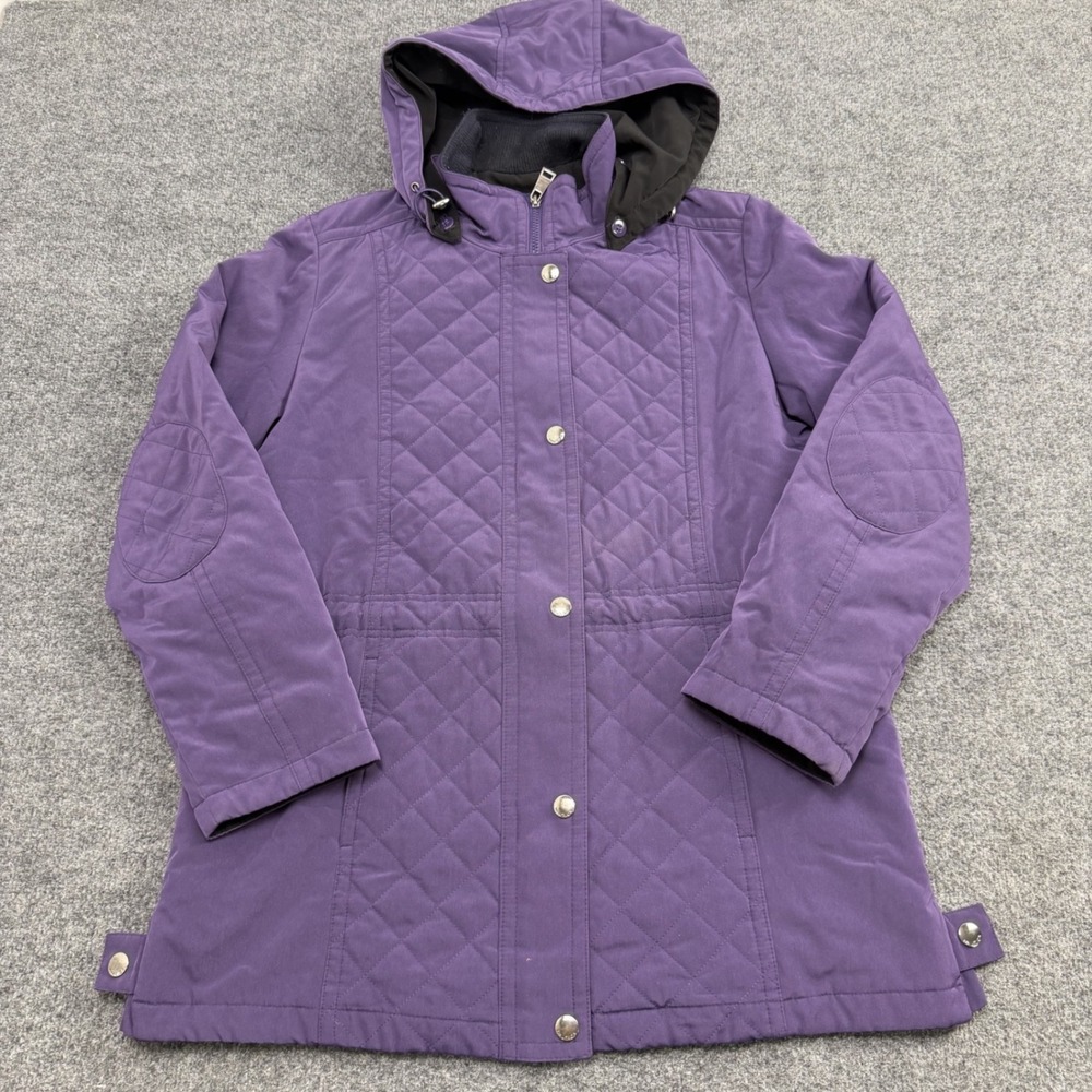Nautica Quilted Jacket Womens L Purple Hooded Elbow Patch Barn Equestrian Coat